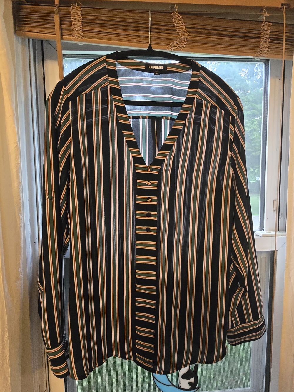Express Black Striped Button-Front Blouse L